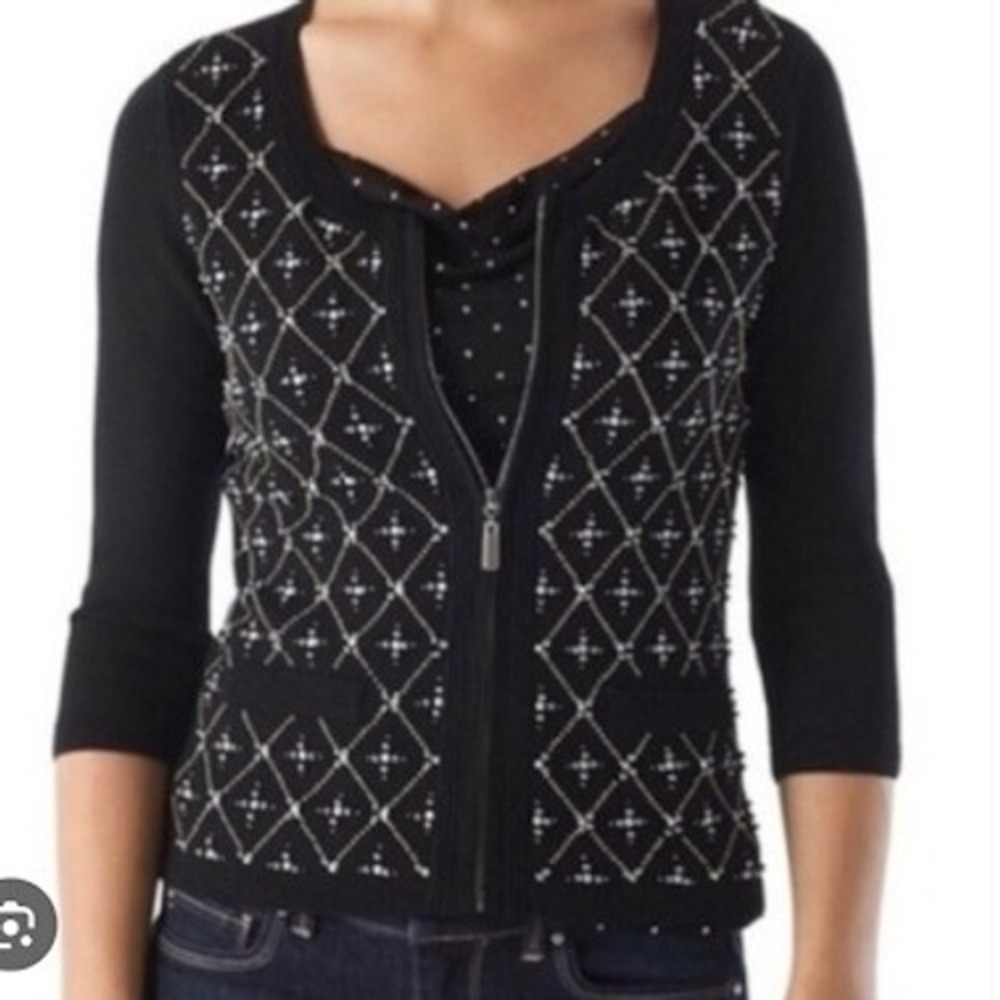 White House Black Market Black Zip Front Cardigan with Studded Diamond Pattern